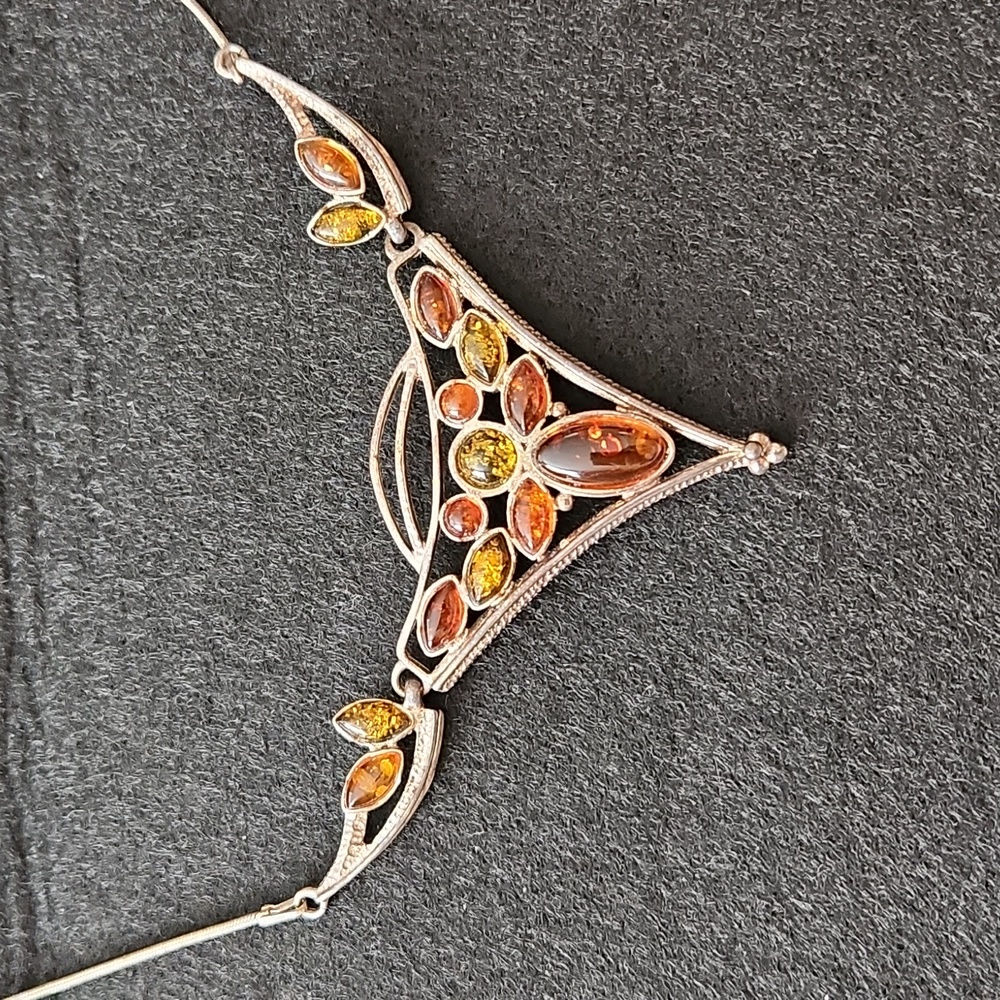Amber Stones, Silver Necklace